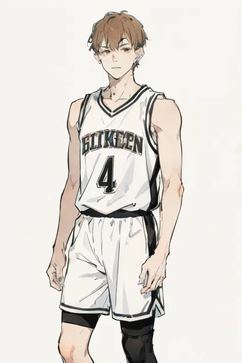 brown and straight-haired young man wearing a basketball uniform、 right ear piercing、Full-body portrait、Standing picture below the knee、facing the front、no background