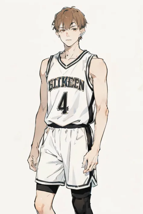 brown and straight-haired young man wearing a basketball uniform、 right ear piercing、Full-body portrait、Standing picture below the knee、facing the front、no background