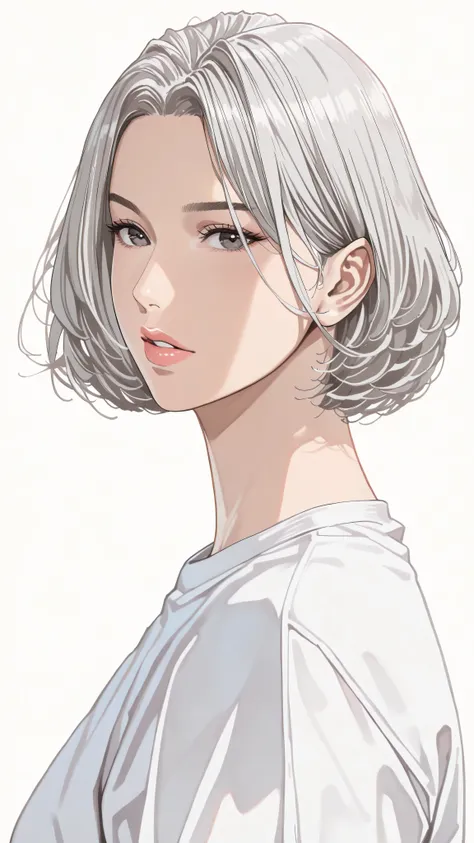 sideview,solo,girl,white frizzy+ spiky+ wavy short hair,parted bangs,white color streaked gray hair,t-shirts,natural cosmetic,adult cute face,full lips,(lineart),sketch,slam dunk style,mono,(looking at viewer:1.3),white background,manga style