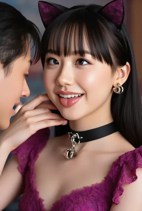 masterpiece, super high image quality with rice bowl, Ultra High Definition, Ultra-realistic, very high resolution details, Picture, Women wear cat ears,fine texture. Women wear cat ears、Women with beautiful faces, long straight black hair, with bells on b...