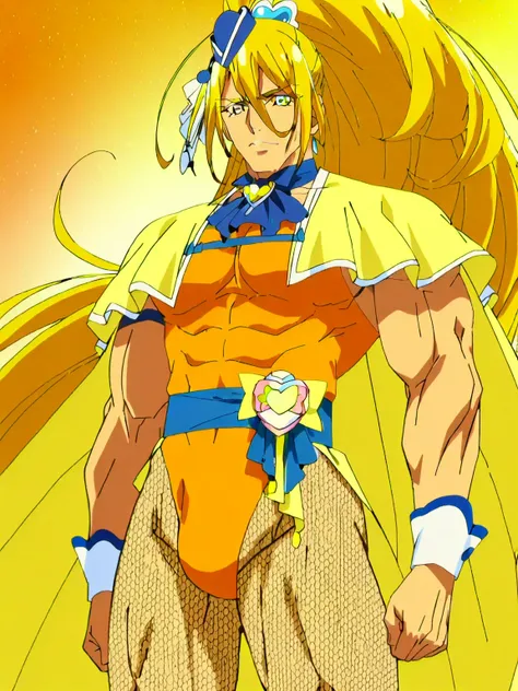 score 9 、score 8 up、score 7 up、source anime、傑作、Best quality、Best resolution、best image quality、anime coloring、anime screencap、anime screenshot、official art、official style、1boy、cure etoile is a male warrior、(manly face:1.6)、anime man in a orange leotard and...