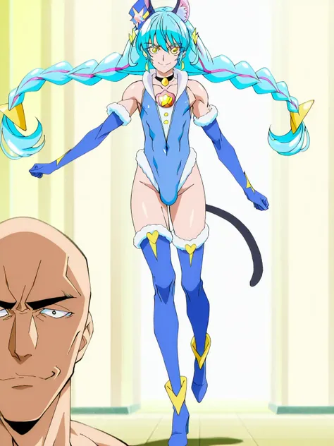 傑作、Best quality、Best resolution、Best image quality、amazing quality、 very aesthetic、 absurdres、anime coloring、anime screencap、anime screenshot、anime colored、official art、official style、1boy、cure cosmo is a male warrior、(male:1.6)、anime man in a blue leotard...