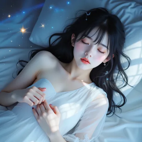 ((lying on a bed with her eyes closed)),(In a dream, meditative),top quality、masterpiece、high sensitivity、High Resolution、detailed description、slender woman、full body photo、(one-shoulder white dress、mini skirt type)Long Bare Legs、beautiful girl、cute idol、S...