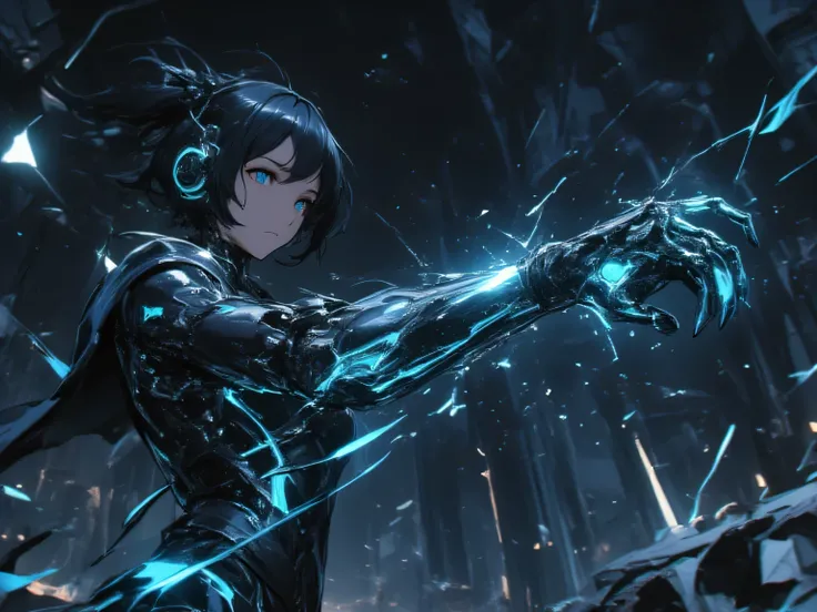 floating mechanical arm in perfect sync with hand movements、with black metal and blue luminescent lines、Floating on the side of a female adventurer's arms、mechanical arm floating in the air、in the background is a dark stone chamber at an ancient site、float...