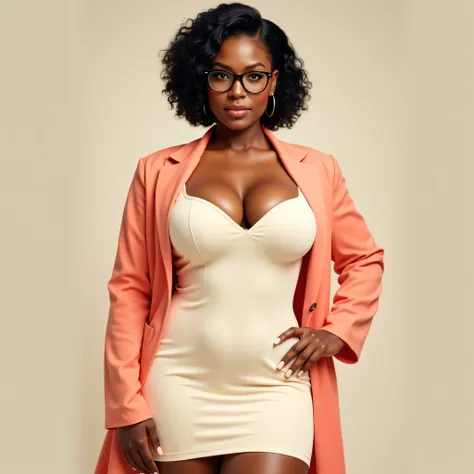 A realistic, high resolution photograph of a beautiful Caribbean woman in her 30's; full body frontal view facing the camera with her arms at her side, looking at the camera. There is extra space in the photo above her head. She has a curvy, fashion model ...