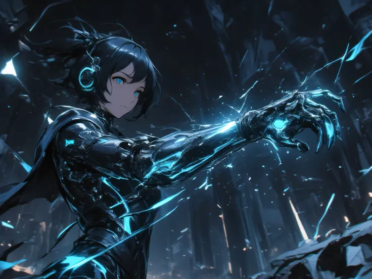 floating mechanical arm in perfect sync with hand movements、with black metal and blue luminescent lines、Floating on the side of a female adventurer's arms、mechanical arm floating in the air、in the background is a dark stone chamber at an ancient site、float...