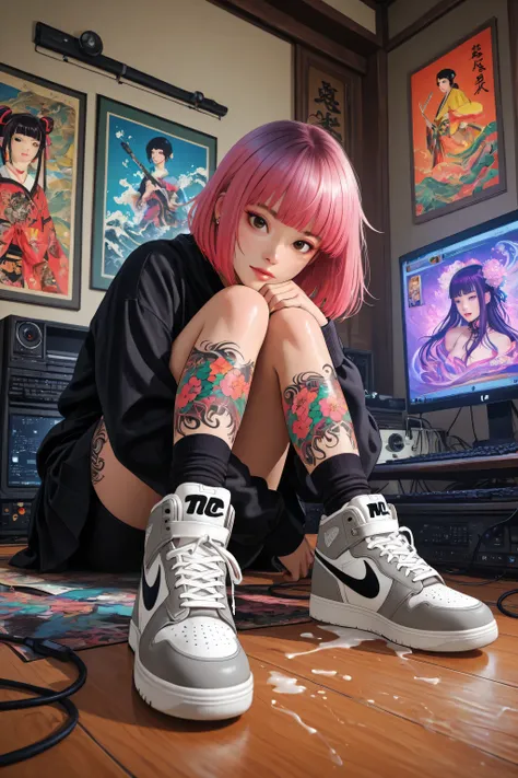 psychedelicv2lora,tsubasa,Juaner_manga,Gothic Punk Rebel Japanese Editorial Vivien Tam Pictures [Woman] WITH VERY EYES of purple color with pink hair with FULL BODY WITH SNEAKER-NIKE AIR FORCE with neon Yellow and Brown and Gray tattoos and wielding a 金色碗,...
