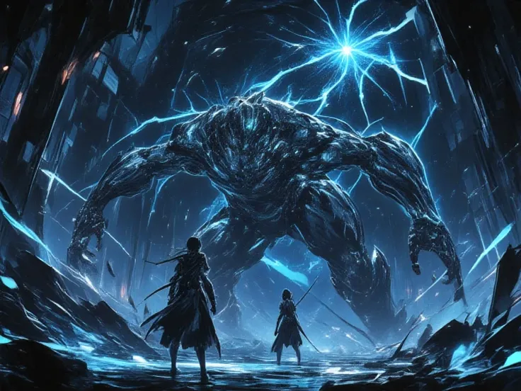 A giant mechanical arm floating on the side of a female adventurer、with black metal and blue luminescent lines、mechanical arm floating in the air、in the background is a dark stone chamber at an ancient site、blue energy particles and sparks around the float...