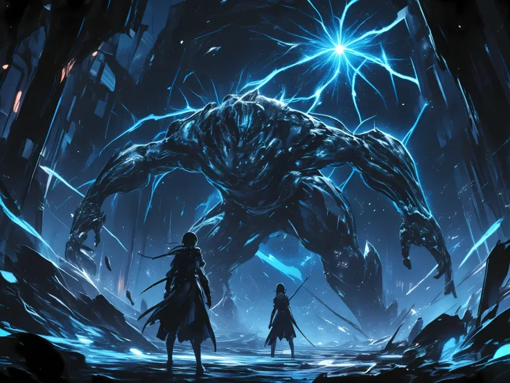 A giant mechanical arm floating on the side of a female adventurer、with black metal and blue luminescent lines、mechanical arm floating in the air、in the background is a dark stone chamber at an ancient site、blue energy particles and sparks around the float...