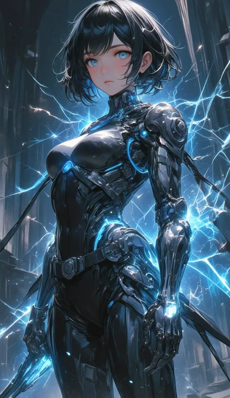 Young Adventurer Woman、Leather Light Armor、short hair、Battle Positions、両脇にFloatingする巨大な機械義腕、Mechanical Arm、mechanical、Floating、Blue energy sparkles、Gears and Wires、fusion of cyberpunk and fantasy、Detailed Metallic Texture、luminous joints、dynamic pose、dark ...