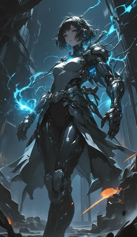 Young Adventurer Woman、short hair、両脇にFloatingする巨大な機械義腕、Mechanical Arm、Floating、 Blue energy glow、Gears and Wires、fusion of cyberpunk and fantasy、Detailed Metallic Texture、luminous joints、dynamic pose、dark dungeon background、dust、top quality、extremely detai...