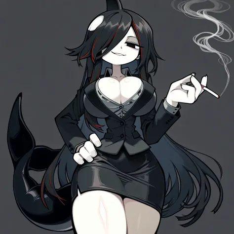 masterpiece, ultra-HD, impressionism, high detail, best quality, very aesthetic, 8k, best quality, beautiful, tmchng, 1girl , solo , pale skin , very long black hair , hair covered one eye , black eye , no eye reflex , seductive smile , black suit , gray s...