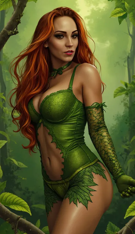 Sasha Foxxx as Poison Ivy, stunning fantasy-style supervilian, long flowing red hair, standing, lush green forest, wears form-fitting outfit made of leaves and plant textures, emerald-green gloves, leafy accessories, bright and captivating eyes, confident ...