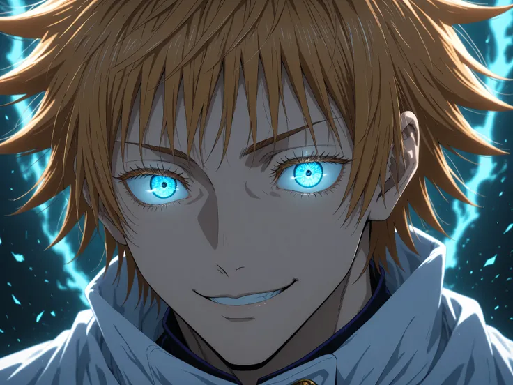 Close-up anime-style of Gojo Satoru from Jujutsu Kaisen with his signature bright glowing blue eyes exposed, while hugging a sexy girl angel, both exude a stylish and playful aura, Gojo has white spiky hair, confident smirk, detailed eye glow effect, soft ...