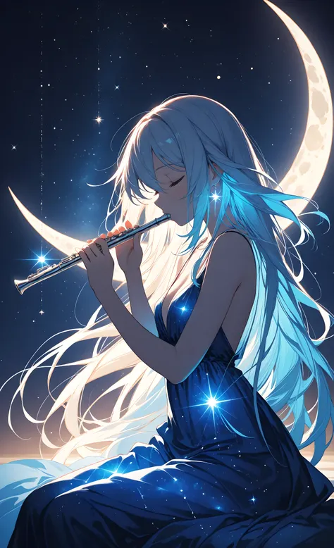 (low key lighting:1.3), (silhouette:1.2), (rim lighting:1.3), (backlight:1.3), solo, ultra-detailed, high detail, best quality, masterpiece, sharp focus, detailed shadows, vivid colors,A young girl sits gracefully on a glowing crescent moon, playing a deli...