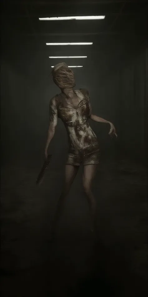 A Silent Hill nurse with a bandaged head and distorted face stands in a dimly lit hospital corridor. Blood-stained uniform with ripped fabric revealing grotesque flesh underneath. Holding a rusty scalpel dripping with dark liquid. Flickering fluorescent li...