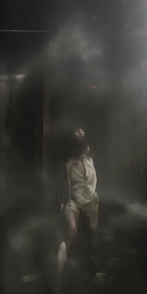 Silent Hill nurse emerging from thick fog in an abandoned hospital basement. Body twitching unnaturally with jerky movements. Face completely wrapped in bloodied gauze. Wearing a tight, stained white uniform with exposed stitched flesh. Dim emergency light...