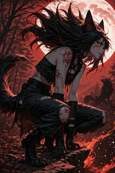 masterpiece, best quality, highly detailed, 8k wallpaper,
1girl, solo, (werewolf girl:1.3), predator of moonlight, wild beast under moon,
beautiful face, human face, wild expression, fierce look, animal pupils, glowing eyes, predatory gaze, long messy ha...