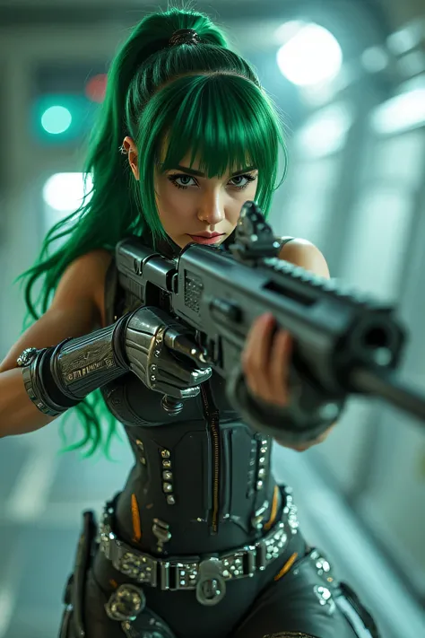 Realistic, Beautiful girl, aiming a futuristic rifle, Muscular toned body, full wavy hair, Green Hair, pony tail, bangs, (futuristic body armor), steel and leather armor, face paint, jewels adorned on her body, on a futuristic space station, dramatic pose,...