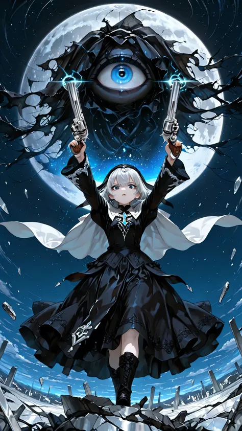(masterpiece, best quality, ultra detailed), (anime style illustration:1.2),
1girl, solo, Anthem,
(platinum silver hair:1.2), (glowing cyan blue eyes:1.2), fierce expression, shouting, tears,
(wearing Orthodox Holy Fire Combat Ceremonial Garb), black ve...