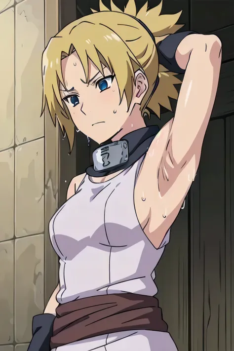 Temari,1girl, solo,armpits,wet armpits, showing wet armpits, armpit,armpits,sweat,sweaty,sweaty armpits,awesome armpits,tired,exhausted,arms up,blackish arm warmers,sleeveless