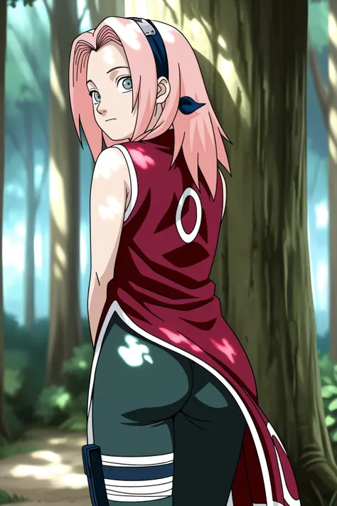 1girl. sakura haruno, pink hair, standing with your back in a suggestive pose, He wears a sporty outfit, Sleeveless composition fitted in Qimao red, with openings on the sides, over dark green leggings or tight dark green shorts. His expression is mischiev...