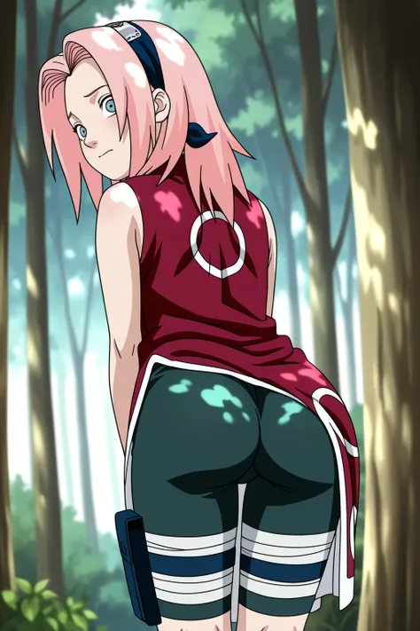 1girl. sakura haruno, pink hair, standing with your back in a suggestive pose, He wears a sporty outfit, Sleeveless composition fitted in Qimao red, with openings on the sides, over dark green leggings or tight dark green shorts. His expression is mischiev...