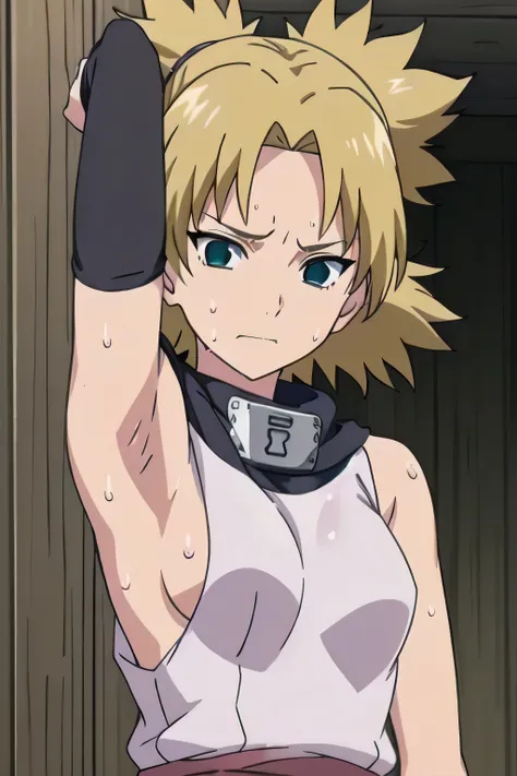 Temari,1girl, solo,armpits,wet armpits, showing wet armpits, armpit,armpits,sweat,sweaty,sweaty armpits,awesome armpits,tired,exhausted,arms up,blackish arm warmers,sleeveless