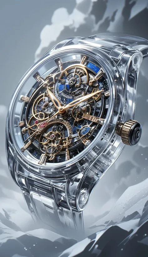 transparent mechanical watch、crystal watch where you can see all the mechanisms and gears inside {x}、accurate dial、Long hands and short hands、with date inside the dial