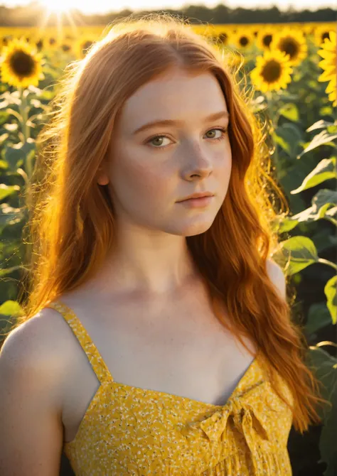 A stunningly beautiful teen girl portrayed by Sadie Sink with flowing copper hair and freckled fair skin, wearing a bright yellow sundress that catches the sunlight as it moves gently in the warm breeze. She stands in the middle of a vast sunflower field g...