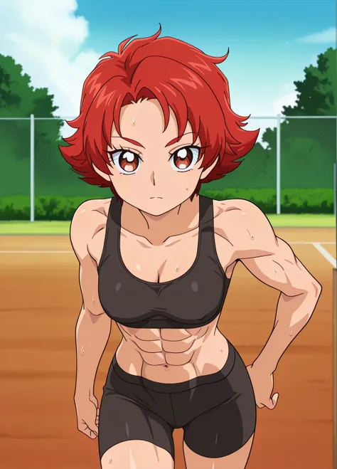 傑作, Best quality,.Best resolution,.Best image quality, amazing quality, very aesthetic,.absurdres, anime coloring, anime screencap, anime screenshot, official style, official art, 1girl, Anime girl in black underwear, short red haired girl, brown eyed girl...
