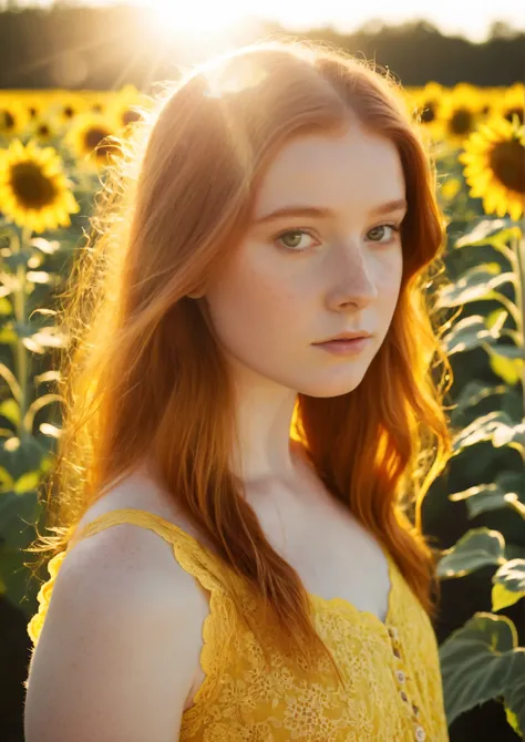 A stunningly beautiful teen girl portrayed by Sadie Sink smooth youthful skin with flowing copper hair and freckled fair skin, wearing a bright yellow lace sundress that catches the sunlight as it moves gently in the warm breeze. She stands in the middle o...