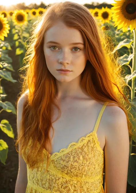 A stunningly beautiful teen girl portrayed by Sadie Sink smooth youthful skin with flowing copper hair and freckled fair skin, wearing a bright yellow lace sundress that catches the sunlight as it moves gently in the warm breeze. She stands in the middle o...