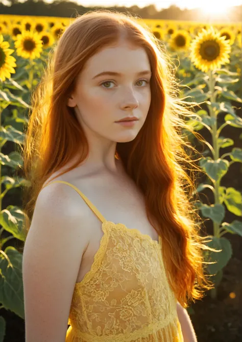 A stunningly beautiful teen girl portrayed by Sadie Sink smooth youthful skin with flowing copper hair and freckled fair skin, wearing a bright yellow semi-sheer lace sundress that catches the sunlight as it moves gently in the warm breeze. She stands in t...