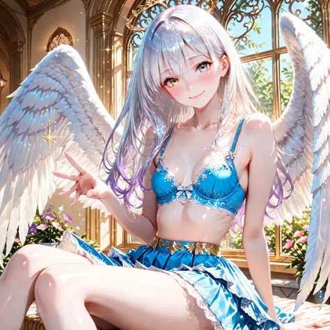 ((Top quality, 8K, best quality, masterpiece, ultra realistic)), ((Beautiful angel with odd eyes)), ((Heterochromia, golden eyes, silver eyes)), ((Sparkling and detailed eyes)), (Very precise eyes), (Long hair with a mixture of platinum and purple), Prince...