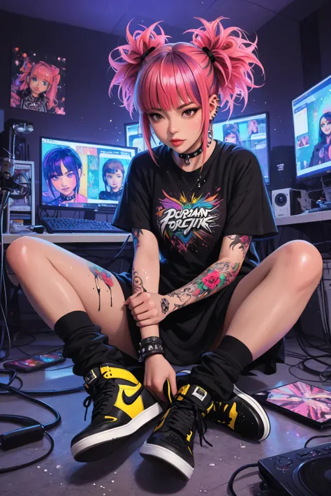 psychedelicv2lora,tsubasa,Juaner_manga,Gothic Punk Rebel Japanese Editorial Vivien Tam Pictures [Woman] WITH VERY EYES of purple color with pink hair with FULL BODY WITH SNEAKER-NIKE AIR FORCE with neon Yellow and Brown and Gray tattoos and wielding a 金色碗,...