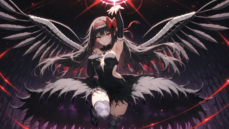 masterpeace,source anime,akuma akemi homura,kawaii,Flying skirt,dynamic pose, crimson color energy effect,armpit,(Place hand on chest),imaginary space