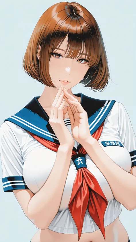 The golden ratio, Proper Configuration, beautiful illustration, traditional media, transparent-watercolor, watercolor \(medium\), 1 girl,bob cut hair, brownl hair, brownl eyes, big breasts, uniform, serafuku, Short Sleeve Sailor Suit, red neckerchiefs, t...