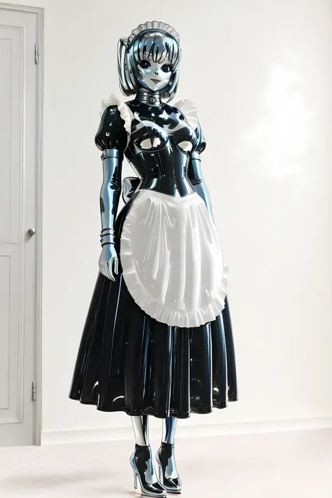 maniajuns, chrome skin, dark blue lenses,shot hair, happy,latex,maid,gothic,black latex long skirt,small tight corset,small waist,hight collar, Wide Skirt,black latex long puffed sleeves,white latex apron,white latex armlets, full body, 1 girl, chrome high...