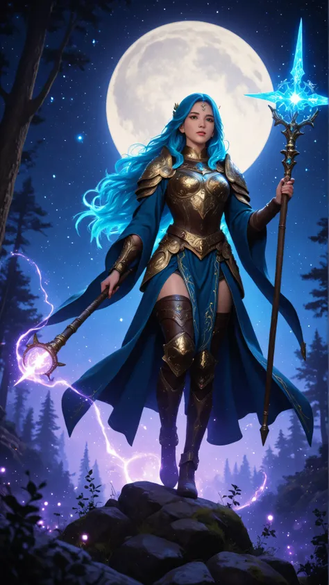 GlowingRunesAI_yellow,DruidMagicAI,Cinematic Shot,Film Still,Movie Still,Celestial Fantasy,aidmamjv7,Colorful,female human druid of the stars, guardian of nature, controlling magical energy made of stars, swirling blue stary magical light, divine symbols h...