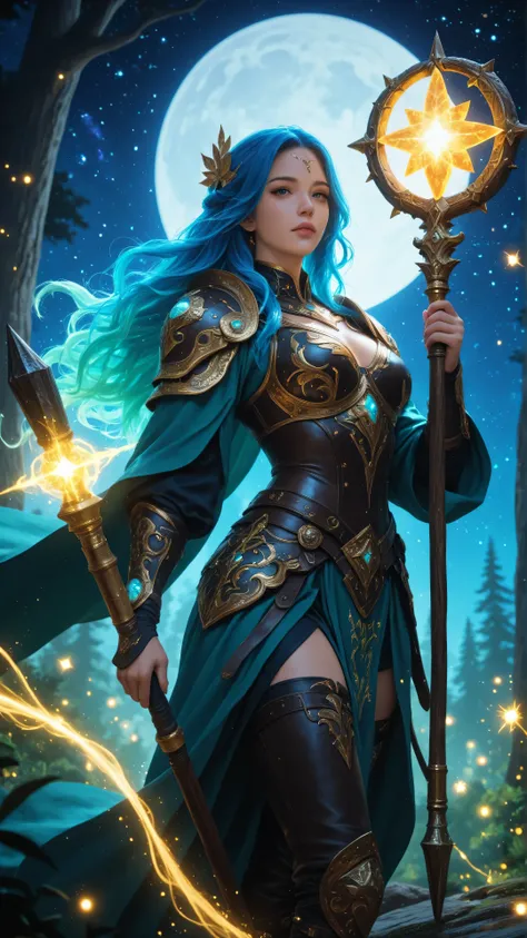 GlowingRunesAI_yellow,DruidMagicAI,Cinematic Shot,Film Still,Movie Still,Celestial Fantasy,aidmamjv7,Colorful,female human druid of the stars, guardian of nature, controlling magical energy made of stars, swirling blue stary magical light, divine symbols h...