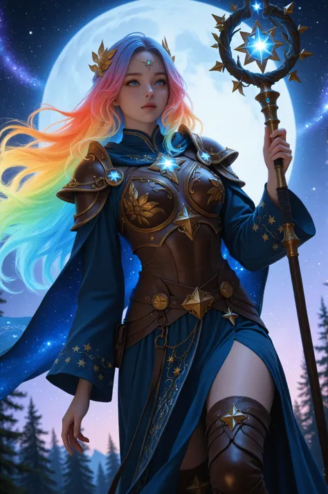 GlowingRunesAI_yellow,DruidMagicAI,Cinematic Shot,Film Still,Movie Still,Celestial Fantasy,aidmamjv7,Colorful,female human druid of the stars, guardian of nature, controlling magical energy made of stars, swirling blue stary magical light, divine symbols h...