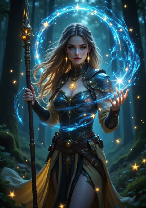 GlowingRunesAI_yellow,DruidMagicAI,Cinematic Shot,Film Still,Movie Still,Celestial Fantasy,aidmamjv7,Colorful,female human druid of the stars, guardian of nature, controlling magical energy made of stars, swirling blue stary magical light, divine symbols h...