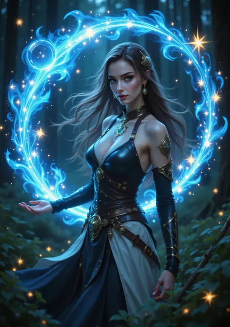 GlowingRunesAI_yellow,DruidMagicAI,Cinematic Shot,Film Still,Movie Still,Celestial Fantasy,aidmamjv7,Colorful,female human druid of the stars, guardian of nature, controlling magical energy made of stars, swirling blue stary magical light, divine symbols h...