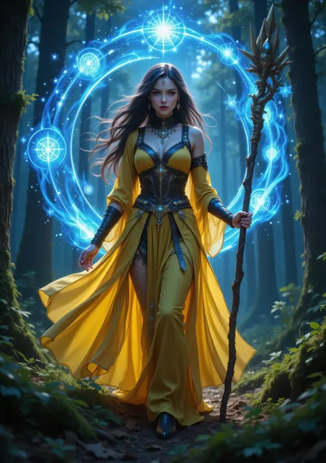 GlowingRunesAI_yellow,DruidMagicAI,Cinematic Shot,Film Still,Movie Still,Celestial Fantasy,aidmamjv7,Colorful,female human druid of the stars, guardian of nature, controlling magical energy made of stars, swirling blue stary magical light, divine symbols h...