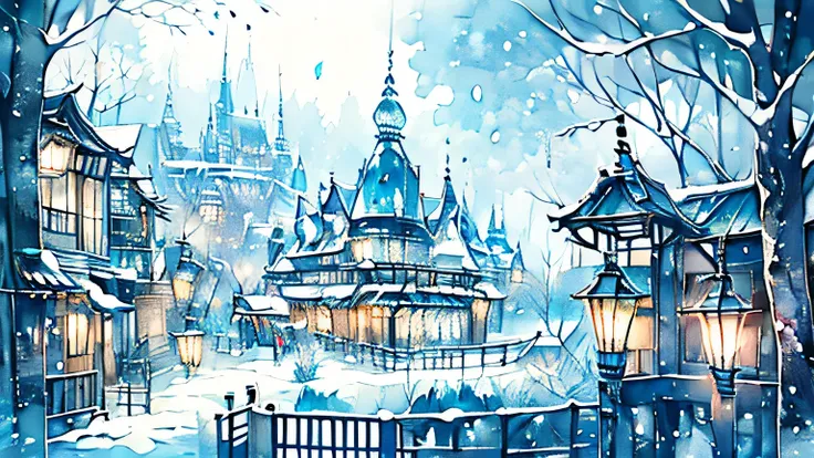  Snow Scenery 、blue lamp 、fantasy、Fantasy Street、Western style building 、In the woods