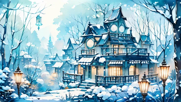 Snow Scenery 、blue lamp 、fantasy、Fantasy Street、Western style building 、In the woods