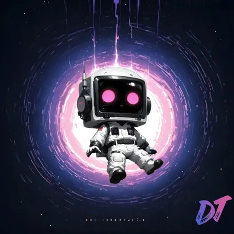 (masterpiece, best quality:1.2), chibi style, 1boy, radio_head, expressive craze_face, glowing circle eyes, glitch_face distortion, chibi style, soft outlines, cute proportions, wearing spacesuit, closed eyes, tired eyes, (floating gently in outer space), ...