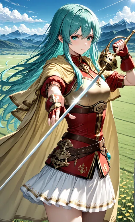masterpiece, top quality, 1girl, solo, postpone, Aqua Hair, long hair, Hair, red shirt, gold trim on both hands, gold trim on both handsアーマー, yellow cape , holding a rapier,Battle Pose,Red gloves, fingerless gloves, Brown Strap, white skirt, watching vie...