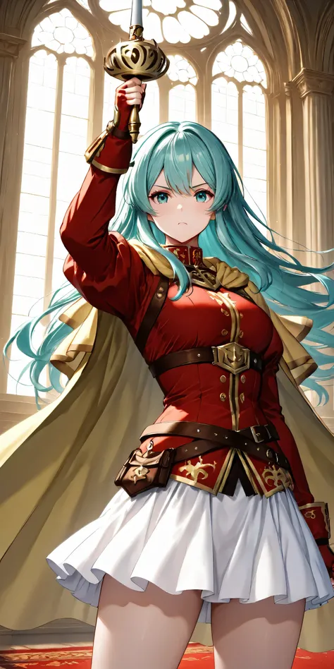 masterpiece, top quality, 1girl, solo, postpone, Aqua Hair, long hair, Hair, red shirt, gold trim on both hands, gold trim on both handsアーマー, yellow cape , holding a rapier,Battle Pose,Red gloves, fingerless gloves, Brown Strap, white skirt, watching vie...